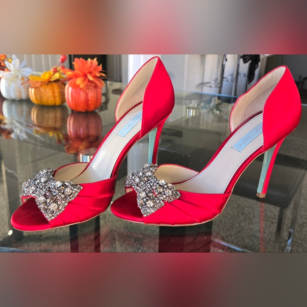 Betsey Johnson Satin Red Shoes with Embellished Bow